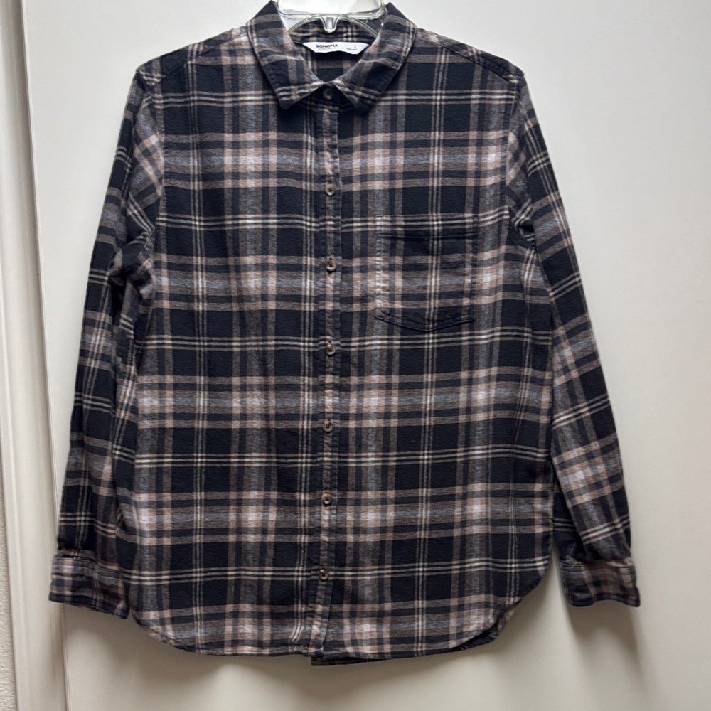 Sonoma Men's Black and Gray Plaid Casual Shirt Size L
